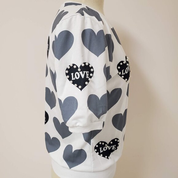Pearl Studded Black Grey Hearts Love White Short Sleeve Top by ORIGINAL - Picture 4 of 8